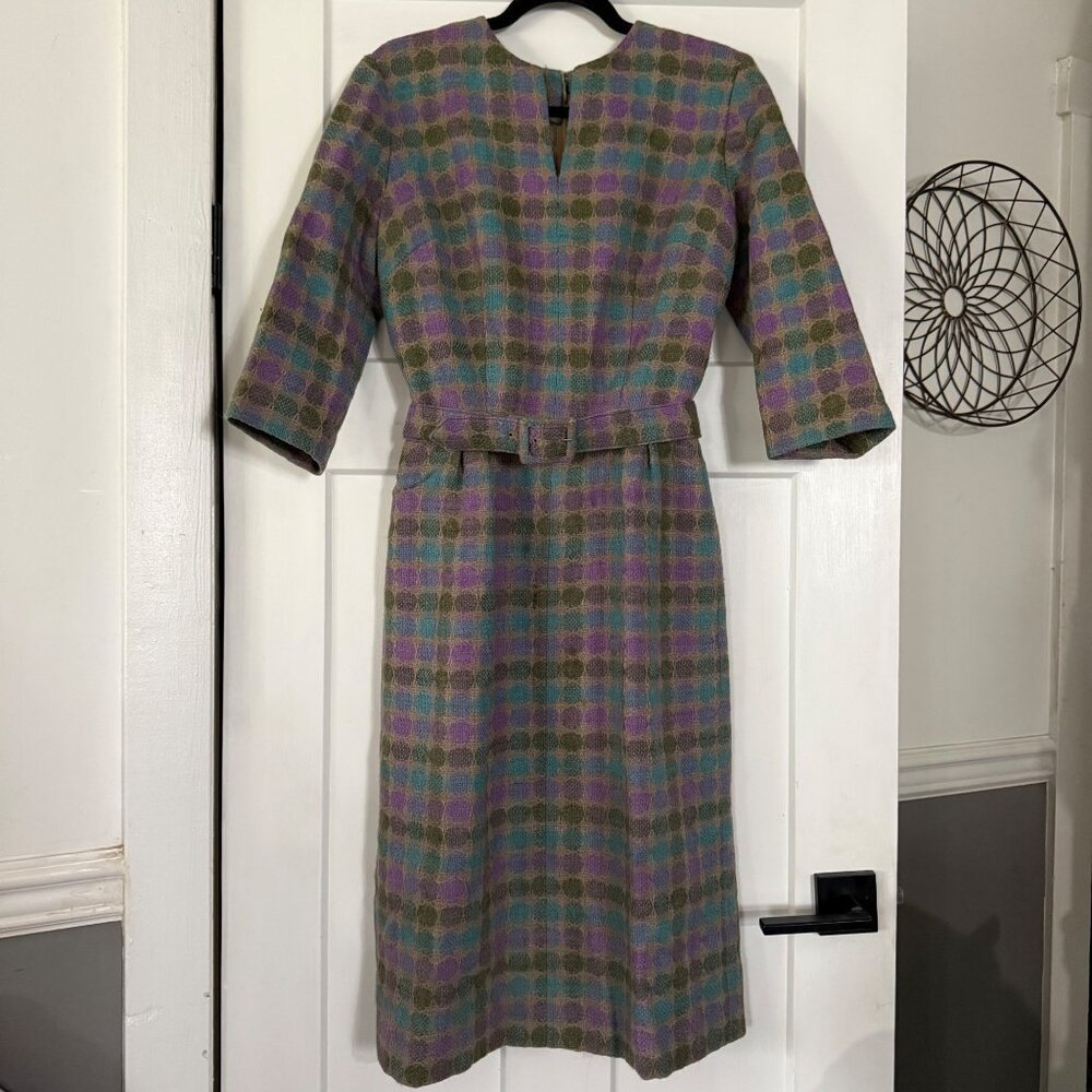 50's Vintage Handmade Purple & Green Wool Belted Sheath Dress Sz M?